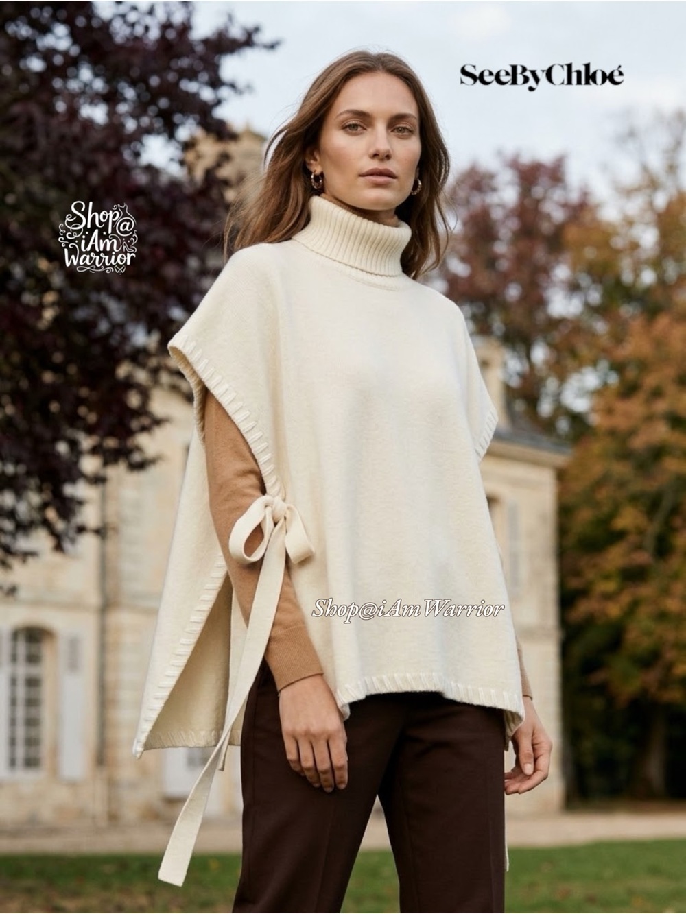 See by Chloé Cream Wool Turtleneck Tie Side Whipstitch Trim Poncho Cape Sweater